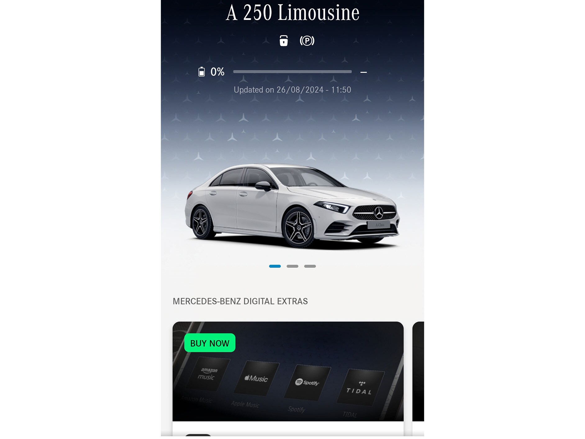El menú de la Mercedes-Benz App muestra las funciones disponibles de los extras digitales para los temas Navegación, Función remota y GUARD 360˚ en un smartphone.