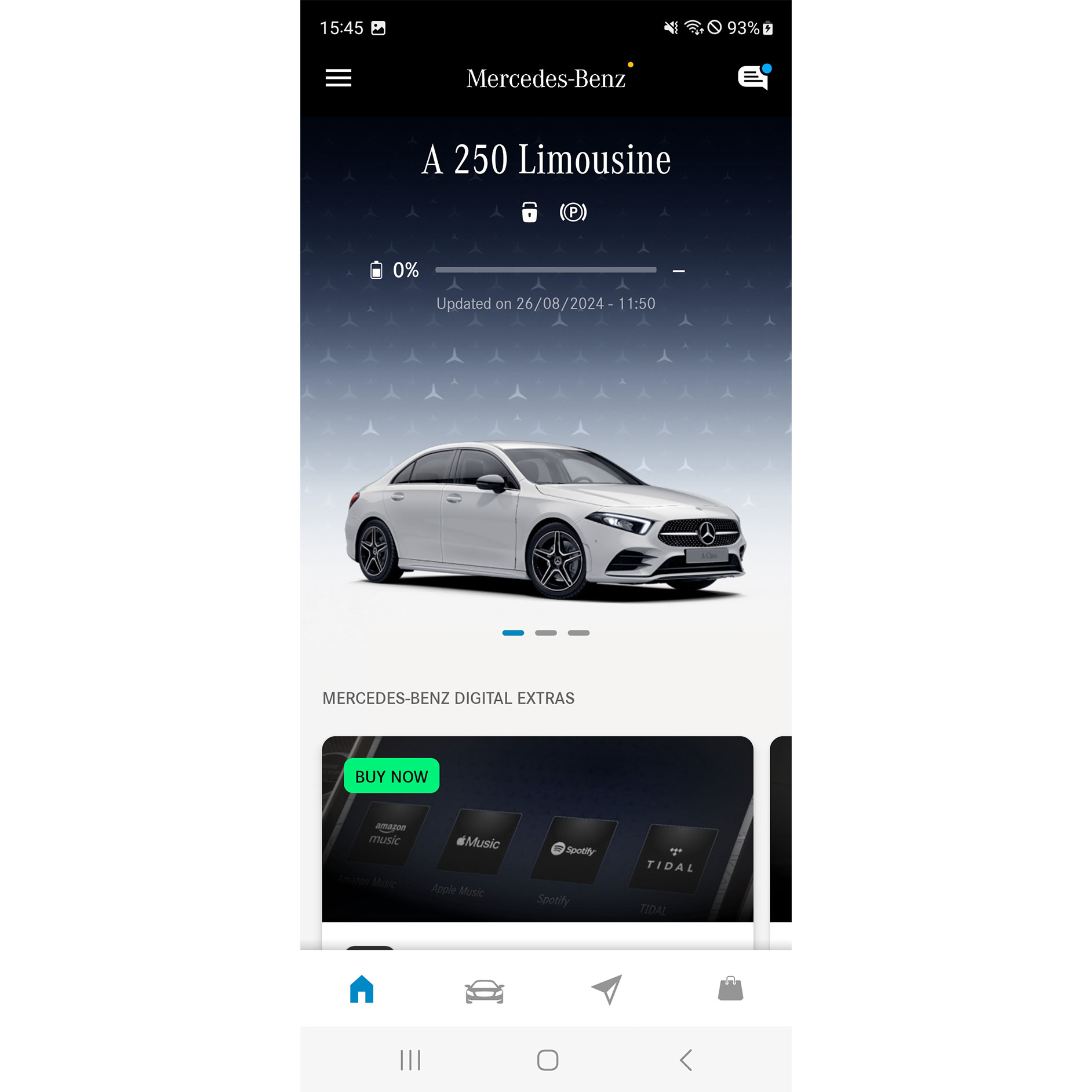 Mercedes-Benz App | Aplicaciones | Mercedes-Benz El menú de la Mercedes-Benz App muestra las funciones disponibles de los extras digitales para los temas Navegación, Función remota y GUARD 360˚ en un smartphone.