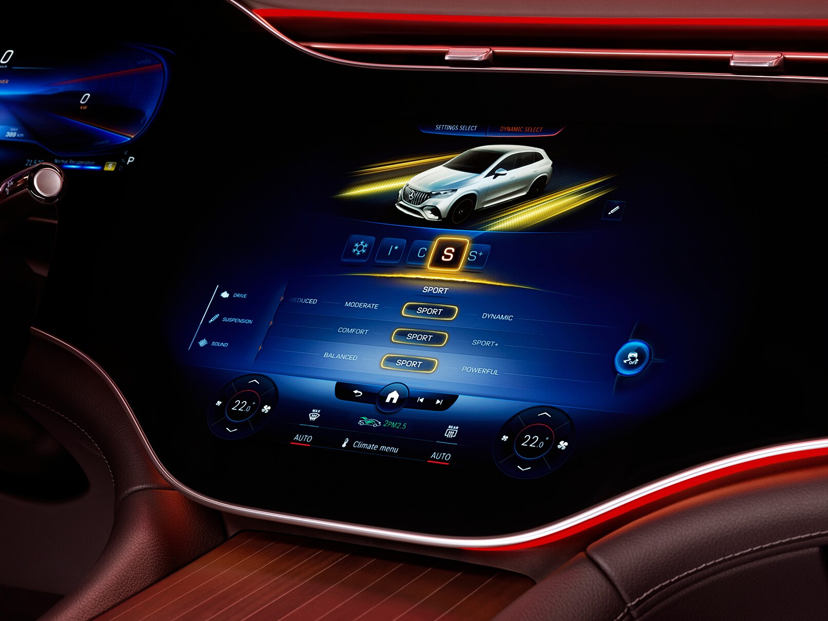 La representación de los programas de conducción AMG DYNAMIC SELECT en el Mercedes-AMG EQE SUV.