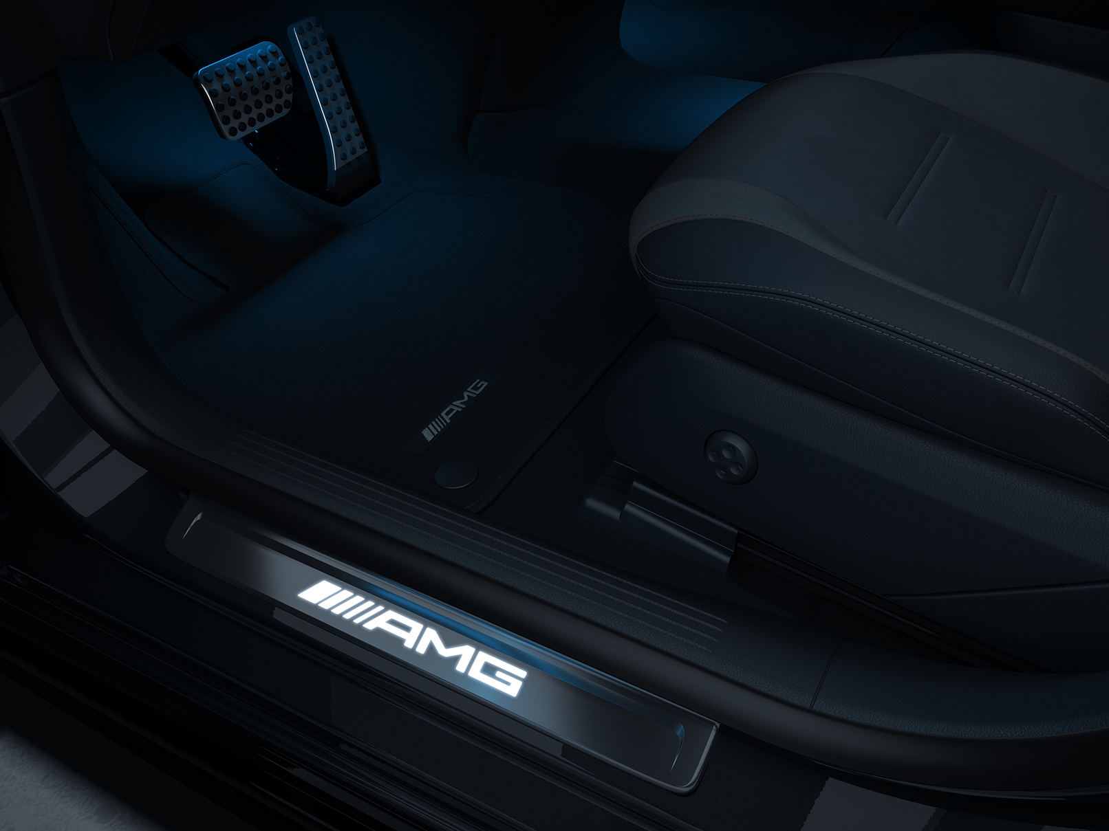 El habitáculo del Mercedes-AMG EQS 53 4MATIC+ Alfombrillas AMG y listones de umbral con distintivo «AMG» | EQS Sedán | Mercedes-AMG