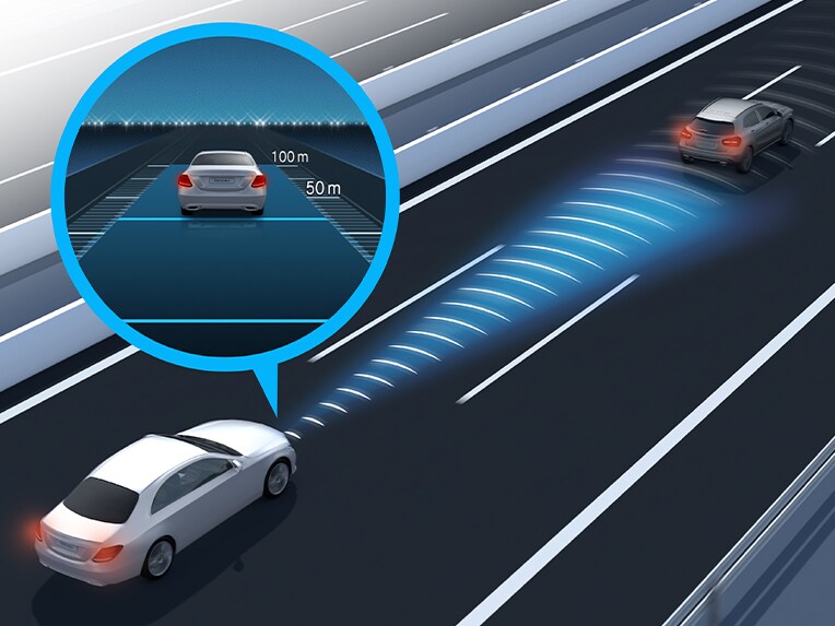 Representación gráfica del asistente activo de distancia DISTRONIC del EQS Sedán de Mercedes-Benz.