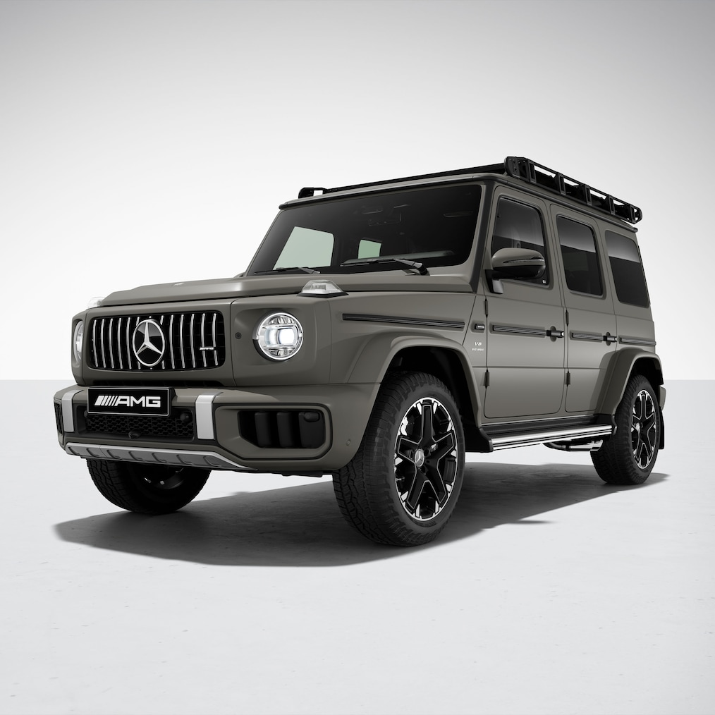 Vista frontal lateral de un Mercedes-AMG G 63 con paquete AMG Offroad PRO.