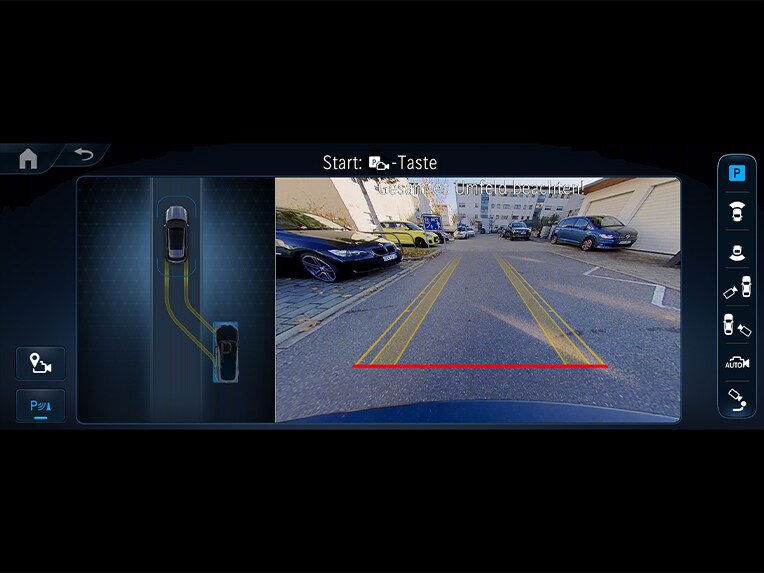 Ilustración del paquete de aparcamiento con cámara de 360° en el visualizador de medios de Mercedes-Benz GLE.