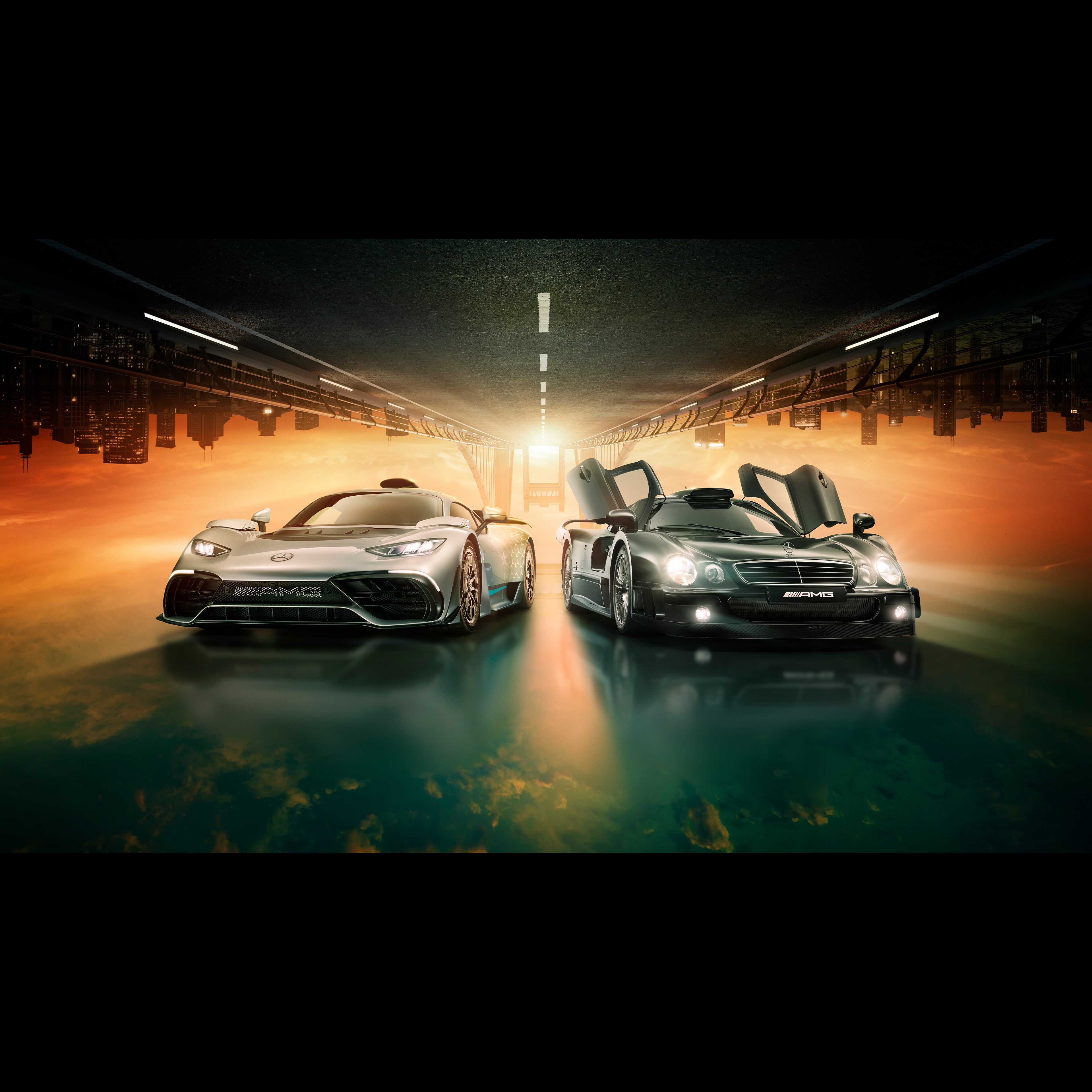Vista frontal de dos coches deportivos Mercedes-AMG.