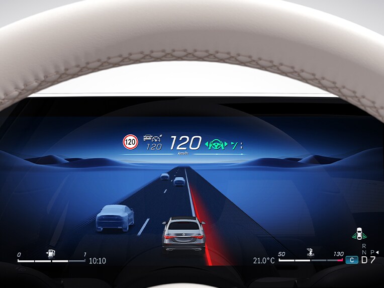 Un gráfico de pantalla del detector activo de cambio de carril en la Clase S Berlina de Mercedes-Benz.