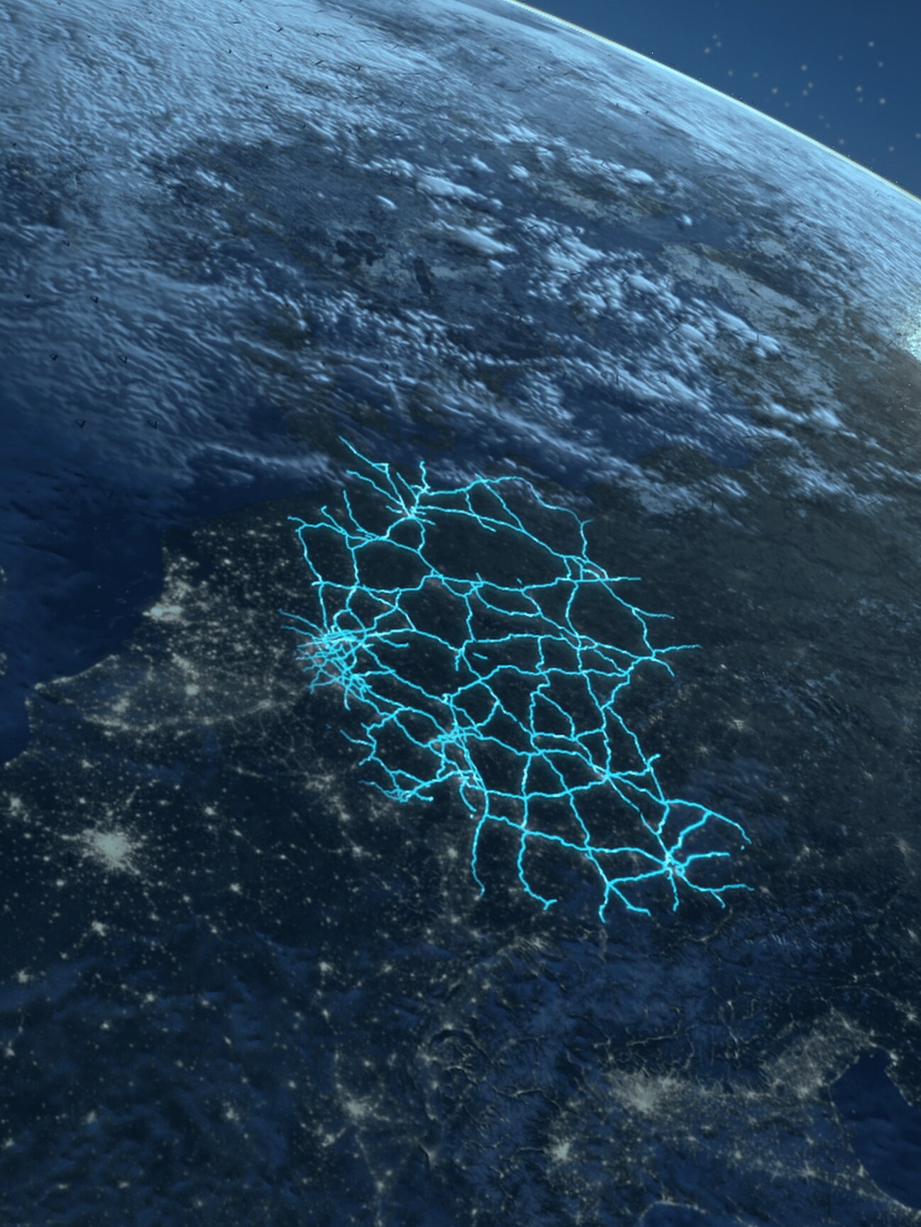 Una sección del globo terráqueo con una representación esquemática de la red de rutas en Alemania