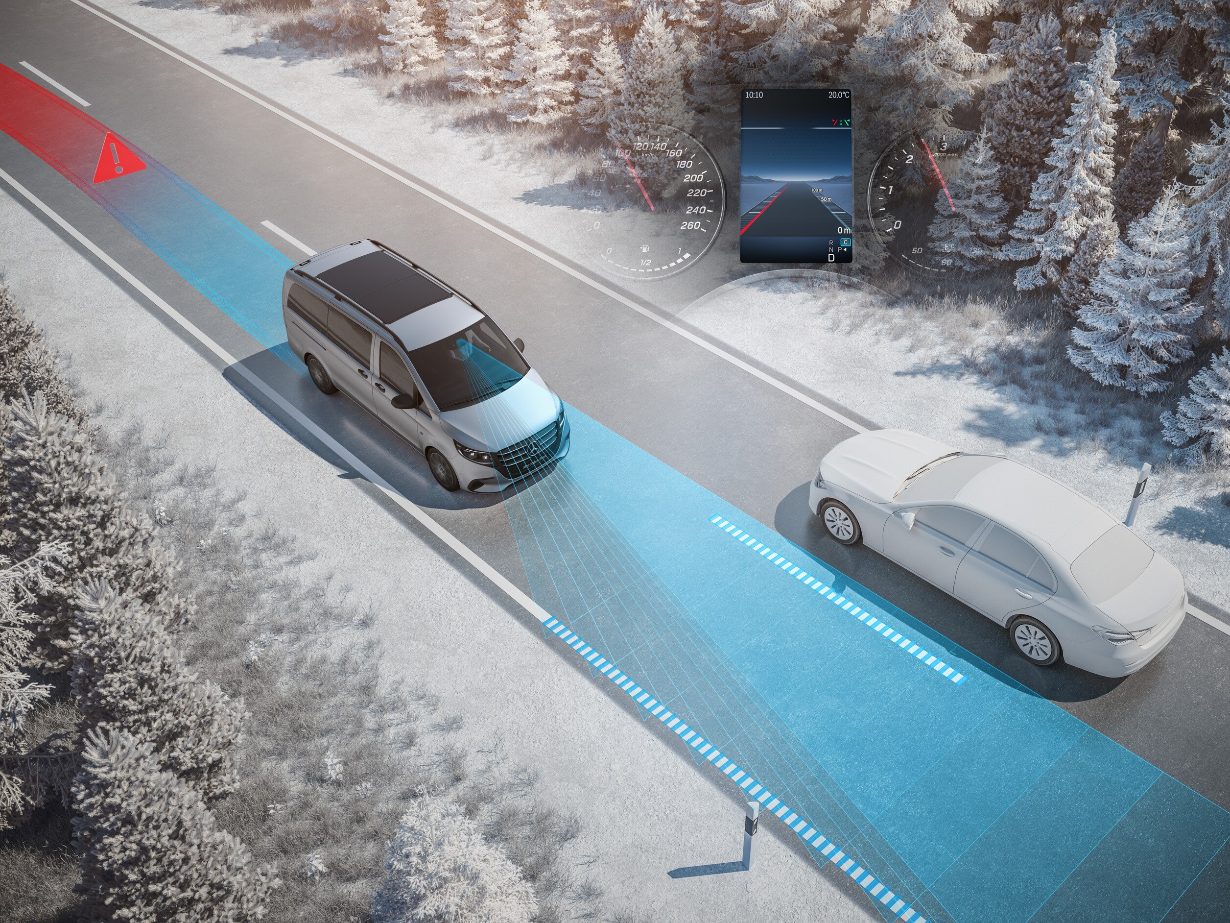 Ilustración del detector activo de cambio de carril para los modelos Mercedes-Benz Vito.