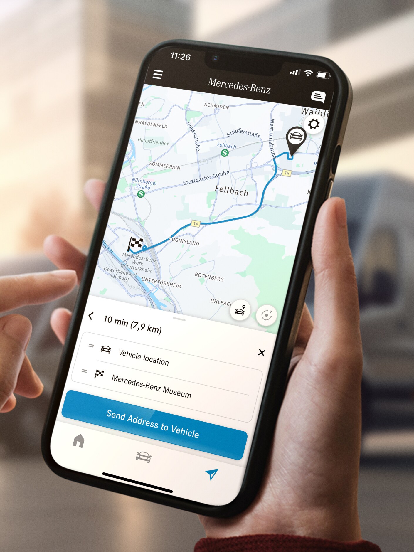 La función Send2Car de Mercedes-Benz en un smartphone.