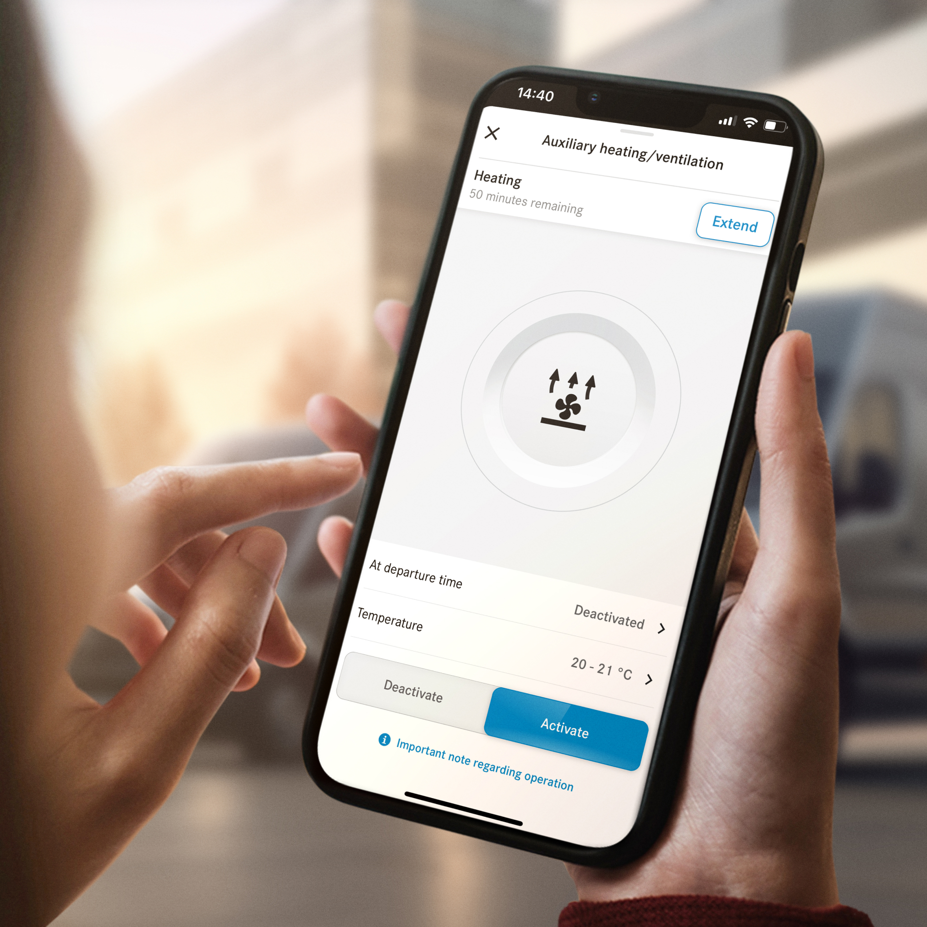 Calefacción/ventilación independiente | Extras digitales | Mercedes-Benz La función Calefacción/ventilación independiente de Mercedes-Benz en un smartphone.