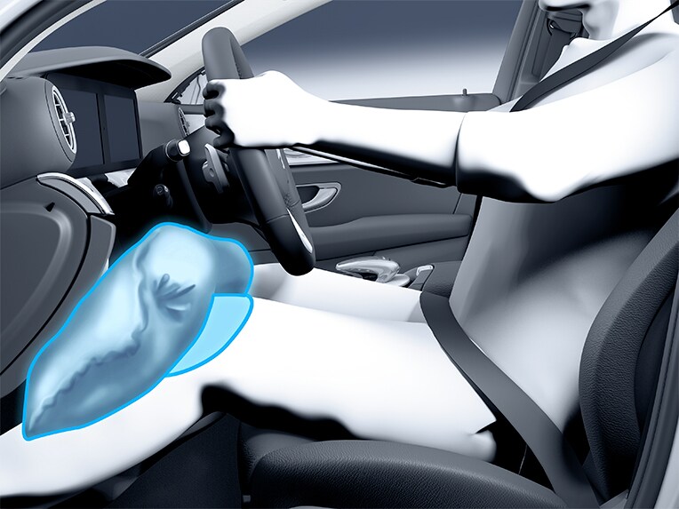 Ilustración del funcionamiento del airbag de rodillas en Clase A Hatchback de Mercedes-Benz.
