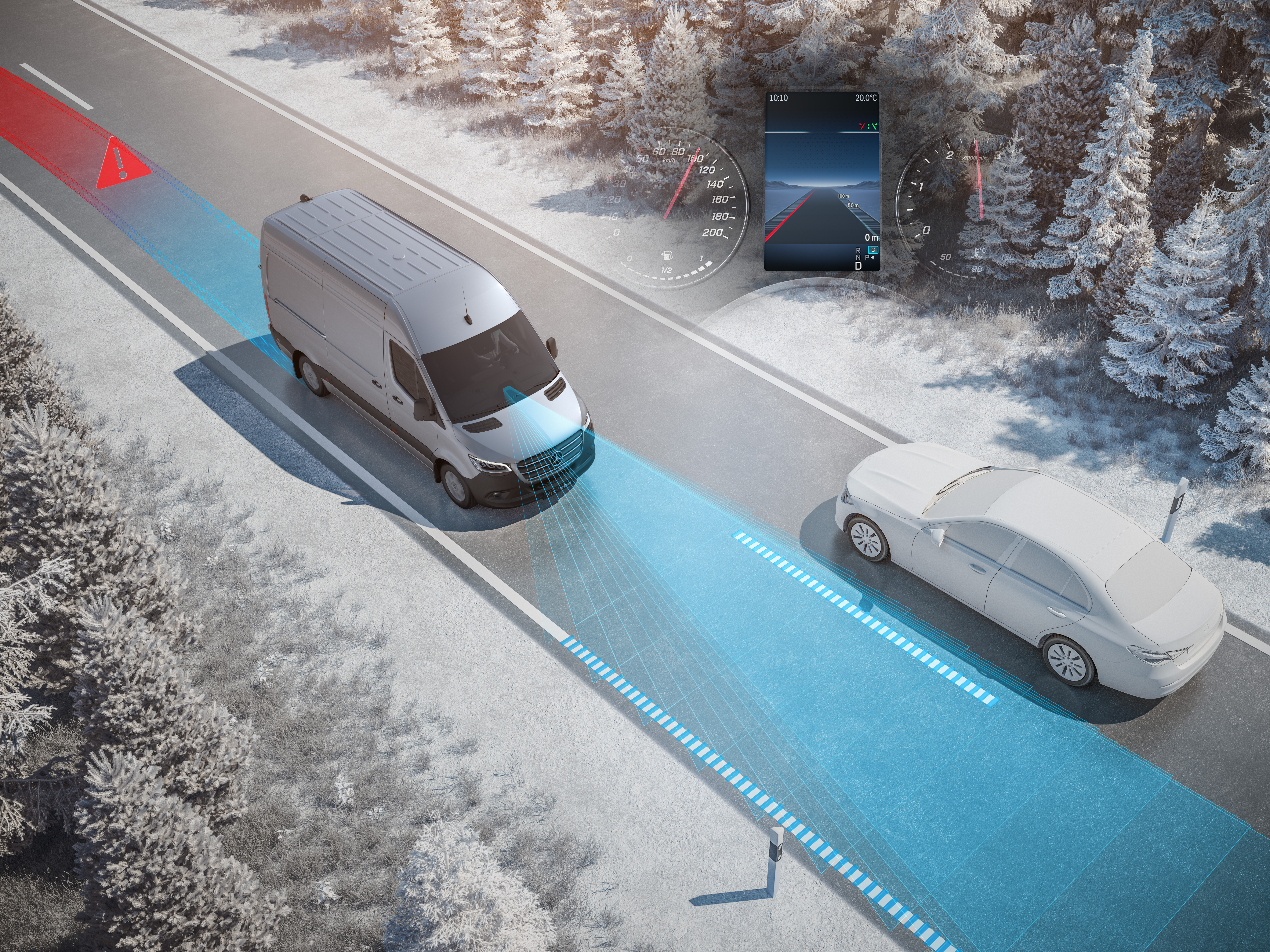 El asistente de mantenimiento de carril de la Mercedes-Benz Sprinter Cargo Van. Asistente de mantenimiento de cambio de carril | Sprinter Cargo Van | Mercedes-Benz